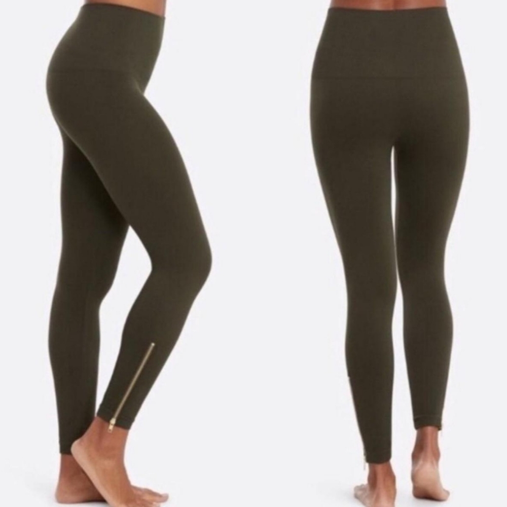 Spanx Look At Me Now Seamless Side Zip Leggings In Olive Green Size S